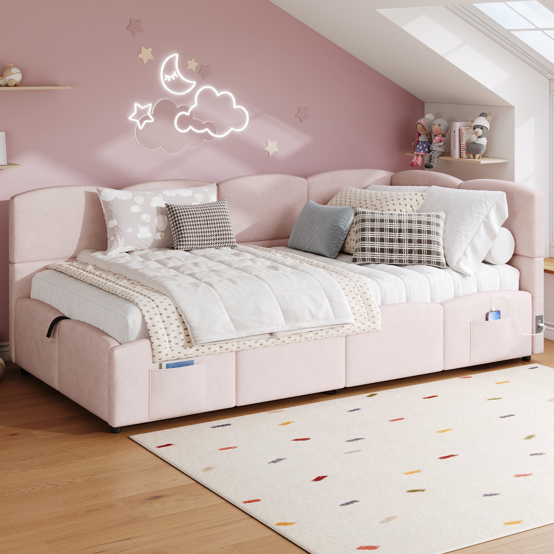 Pink Velvet Single Storage Bed with USB Charger – 90×200 cm - PicklyCarte5bfeebd588e4586fb90111e83065533Pink