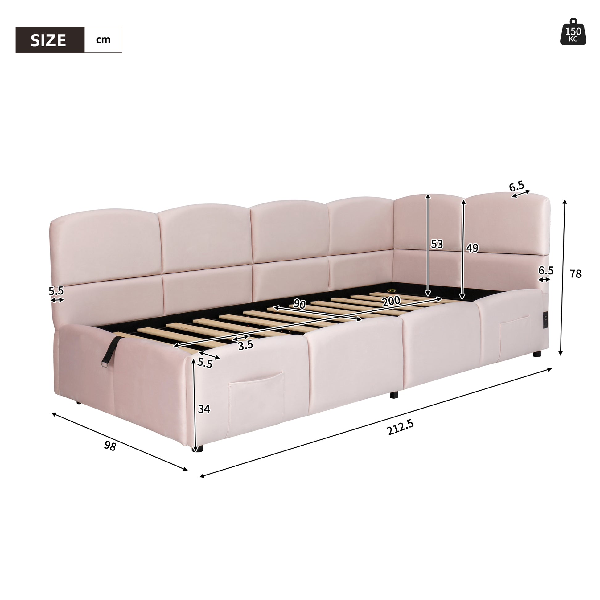 Pink Velvet Single Storage Bed with USB Charger – 90×200 cm - PicklyCartcd16bf7a051ca6b78a9805fefe43e224Pink