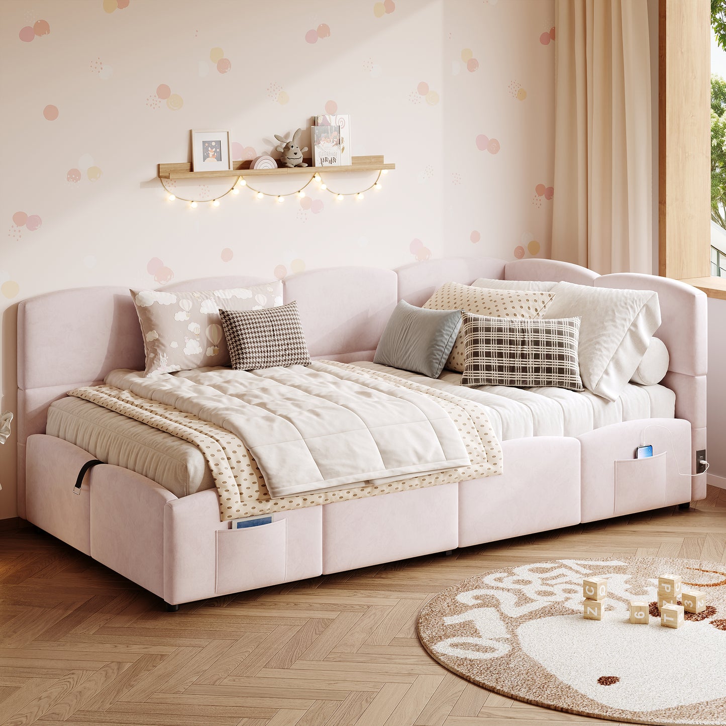 Pink Velvet Single Storage Bed with USB Charger – 90×200 cm - PicklyCartb5e10dc2020ae43f394072b0ba0fb1c9Pink