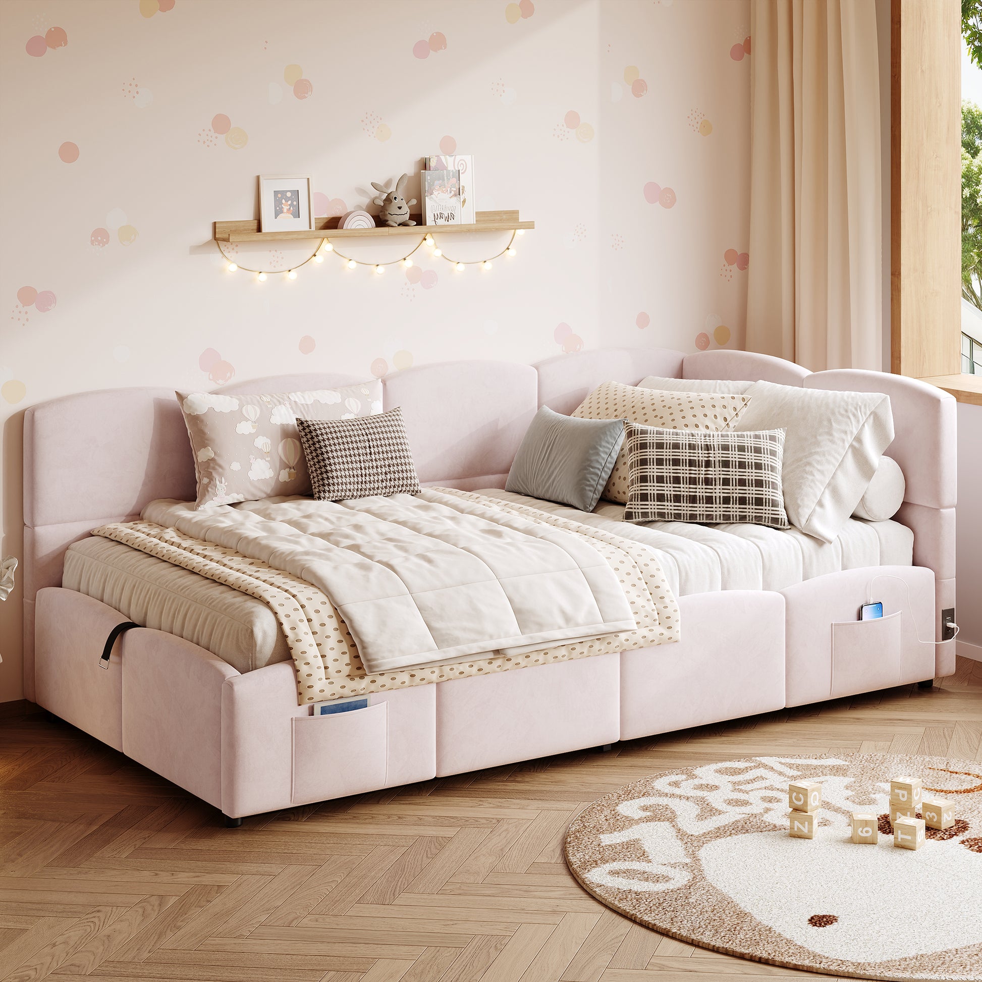 Pink Velvet Single Storage Bed with USB Charger – 90×200 cm - PicklyCartb5e10dc2020ae43f394072b0ba0fb1c9Pink