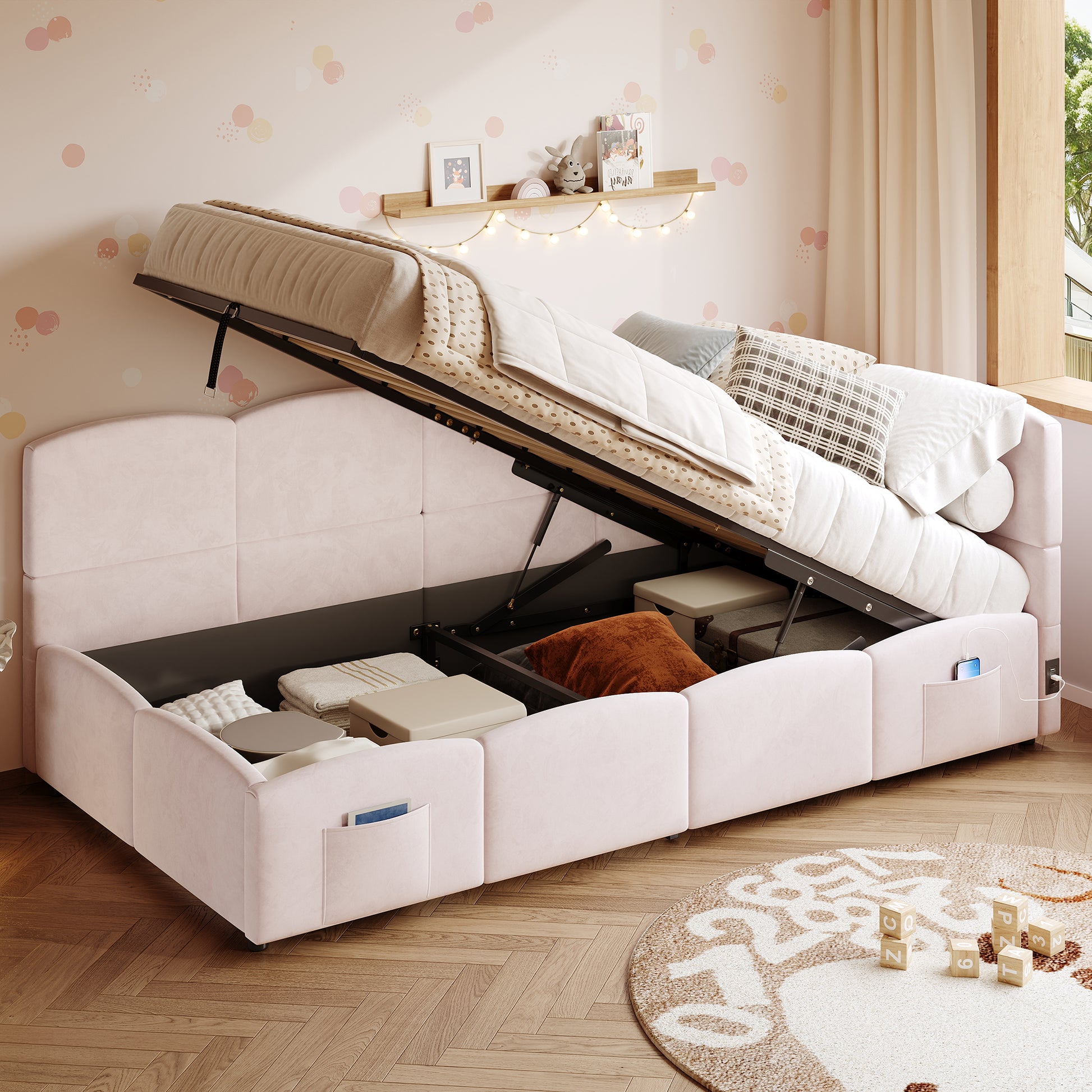 Pink Velvet Single Storage Bed with USB Charger – 90×200 cm - PicklyCartabcaf4d3b64c69abd5b4babcc74919e6Pink