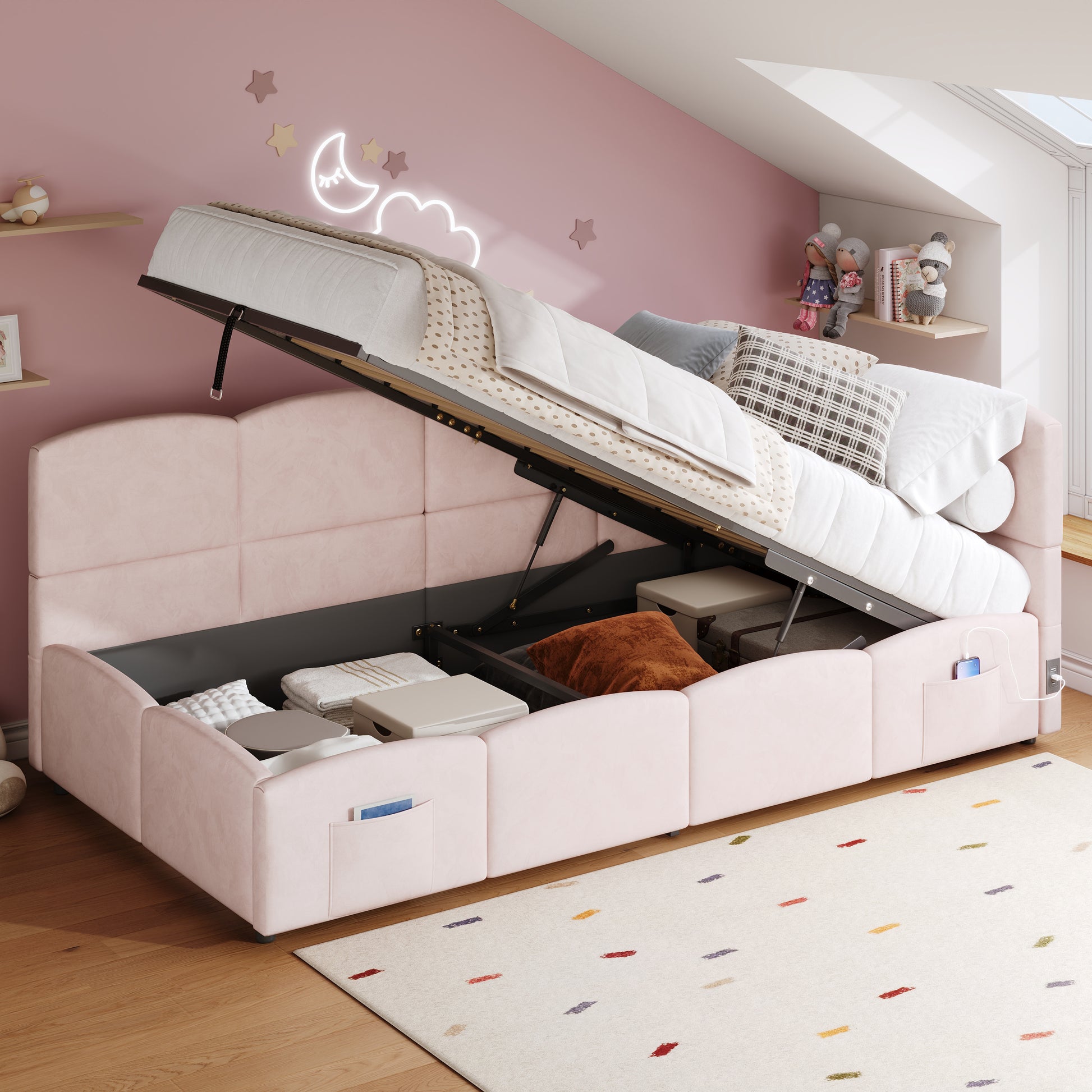 Pink Velvet Single Storage Bed with USB Charger – 90×200 cm - PicklyCart9b90a8c036ef00bb6bfc44ab59530455Pink